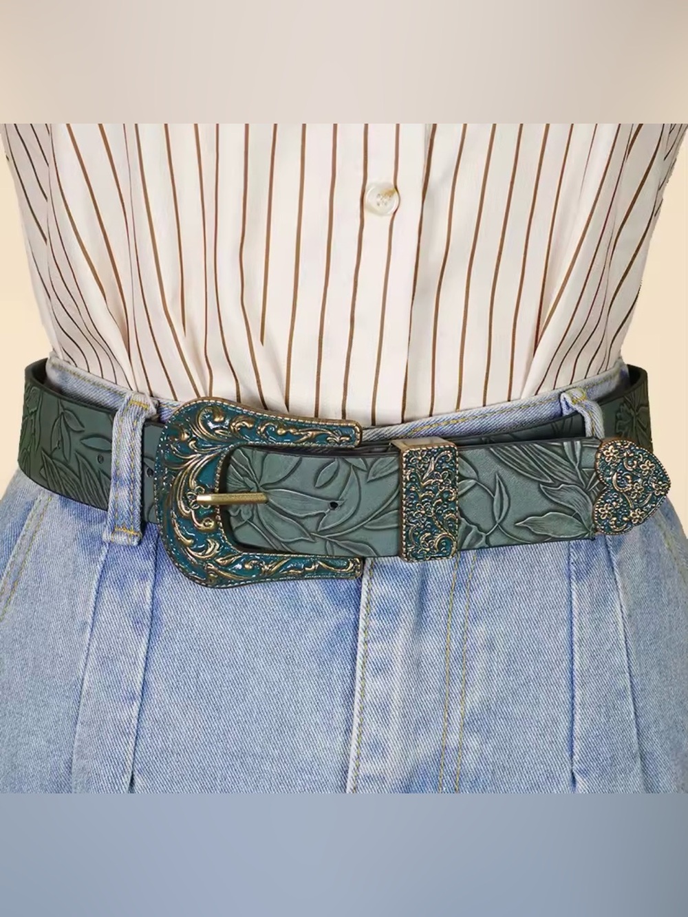 Embossed Floral Leather Belt with Ornate Buckle - Green